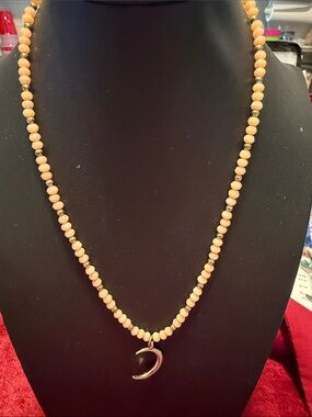 Beaded crystal Peach Crescent Pendant Necklace stretch - Unsigned 16”